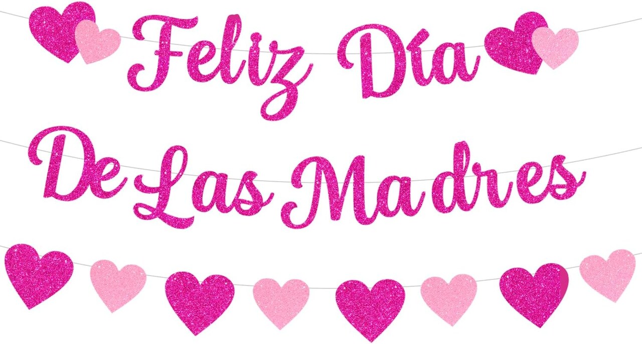Glittery Feliz Dia De Las Madres Banner with Heart Rose Red Pink Happy Mother’s Day Banner 118.11 Inches